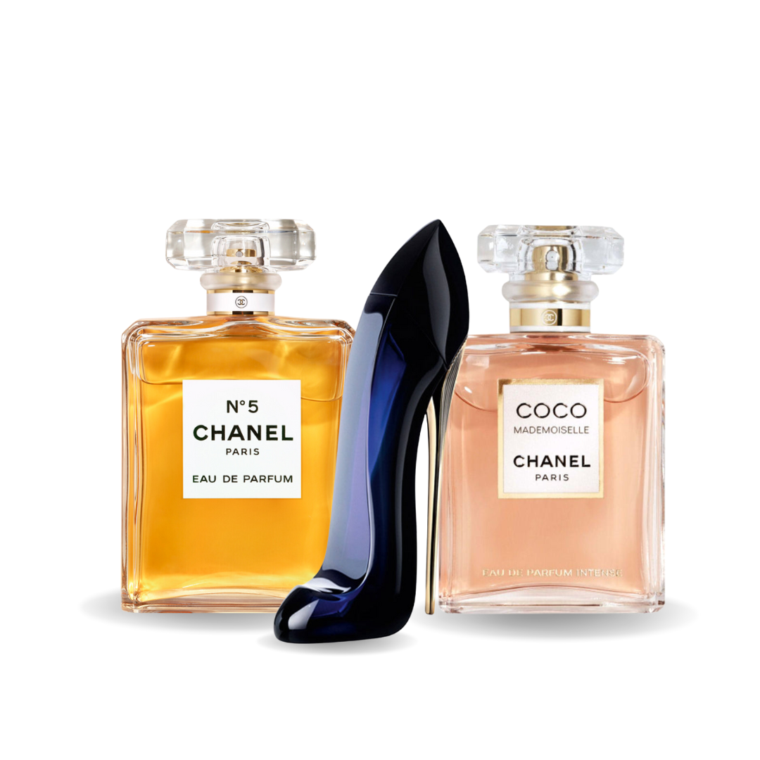 Combo de 3 perfumes GOOD GIRL, COCO MADEMOISELLE, Chanel Nº5 100ml